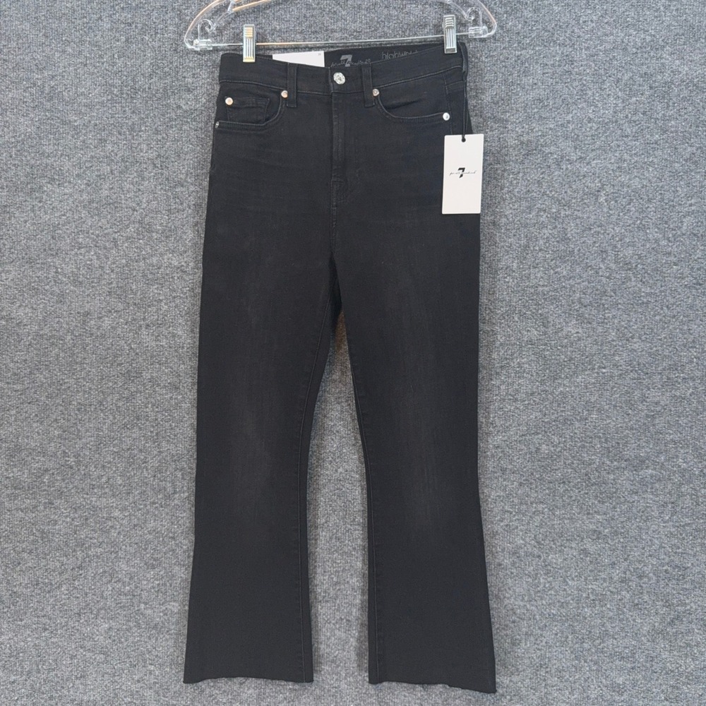 7 For All Mankind High Waist Slim Kick Jeans Women 26 Black Raw Hem Flare NEW